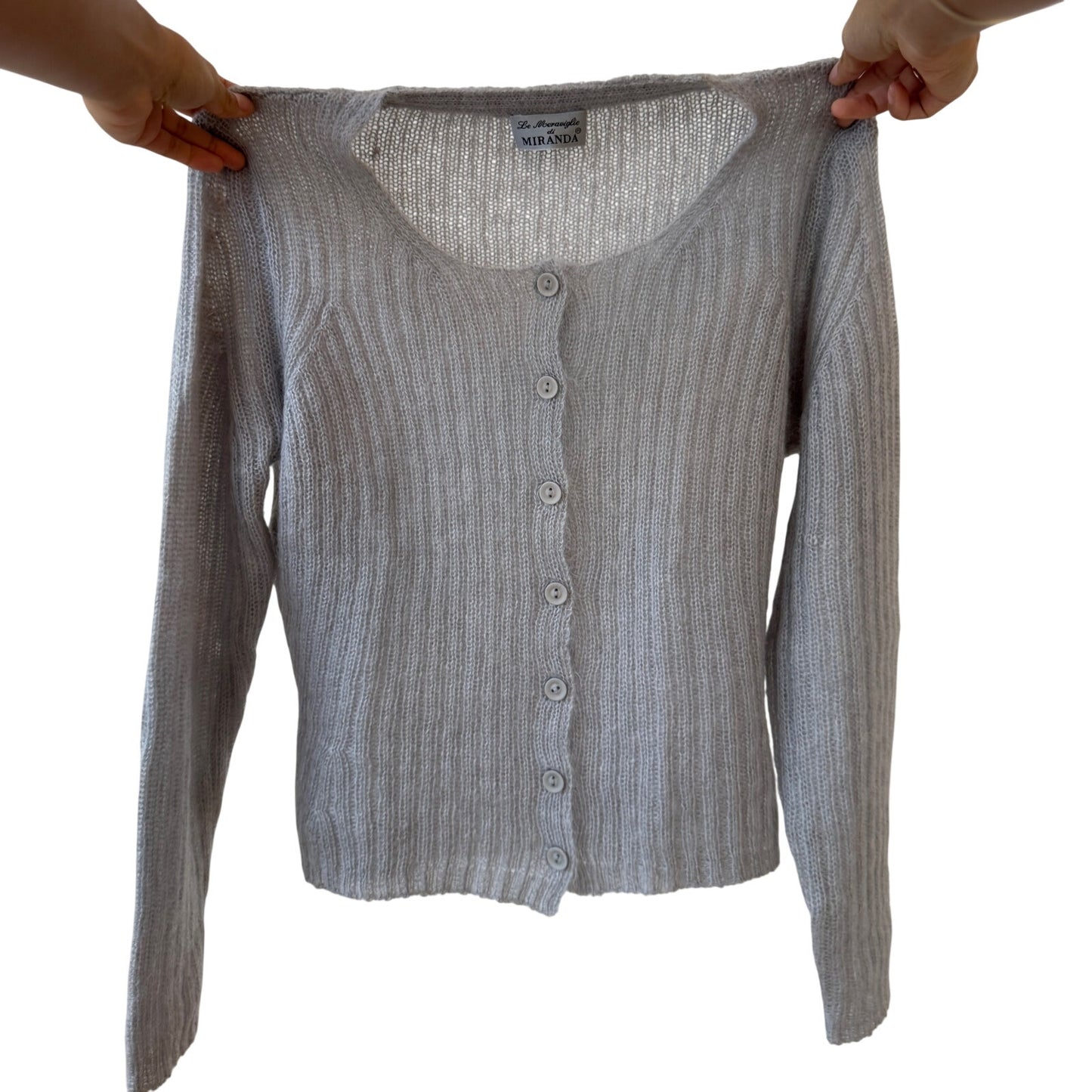 Italian Vintage light grey ribbed mohair-blend knit button-front cardigan (Medium)