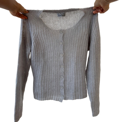 Italian Vintage light grey ribbed mohair-blend knit button-front cardigan (Medium)