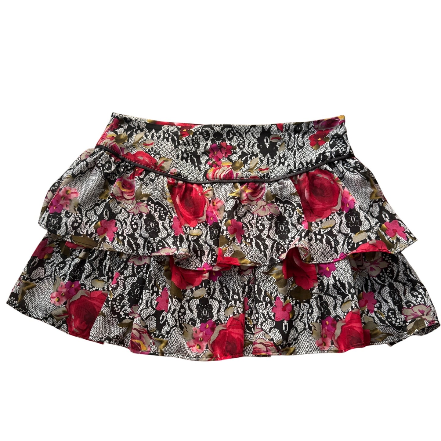Vintage Floral Mesh Ruffle Mini Skirt Tiered Lace Print Morgan De Toi Y2K (S) ⠀