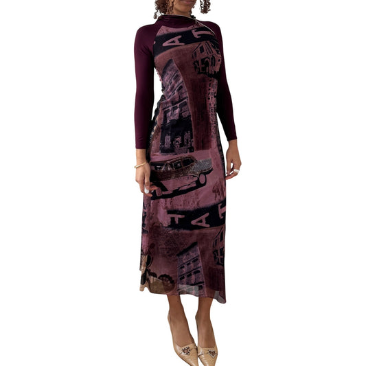 Vintage Burgundy Graphic Mesh Midi Dress (S)