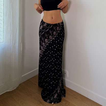 Vintage Black Pink Paisley Sheer Mesh Maxi Skirt (S)