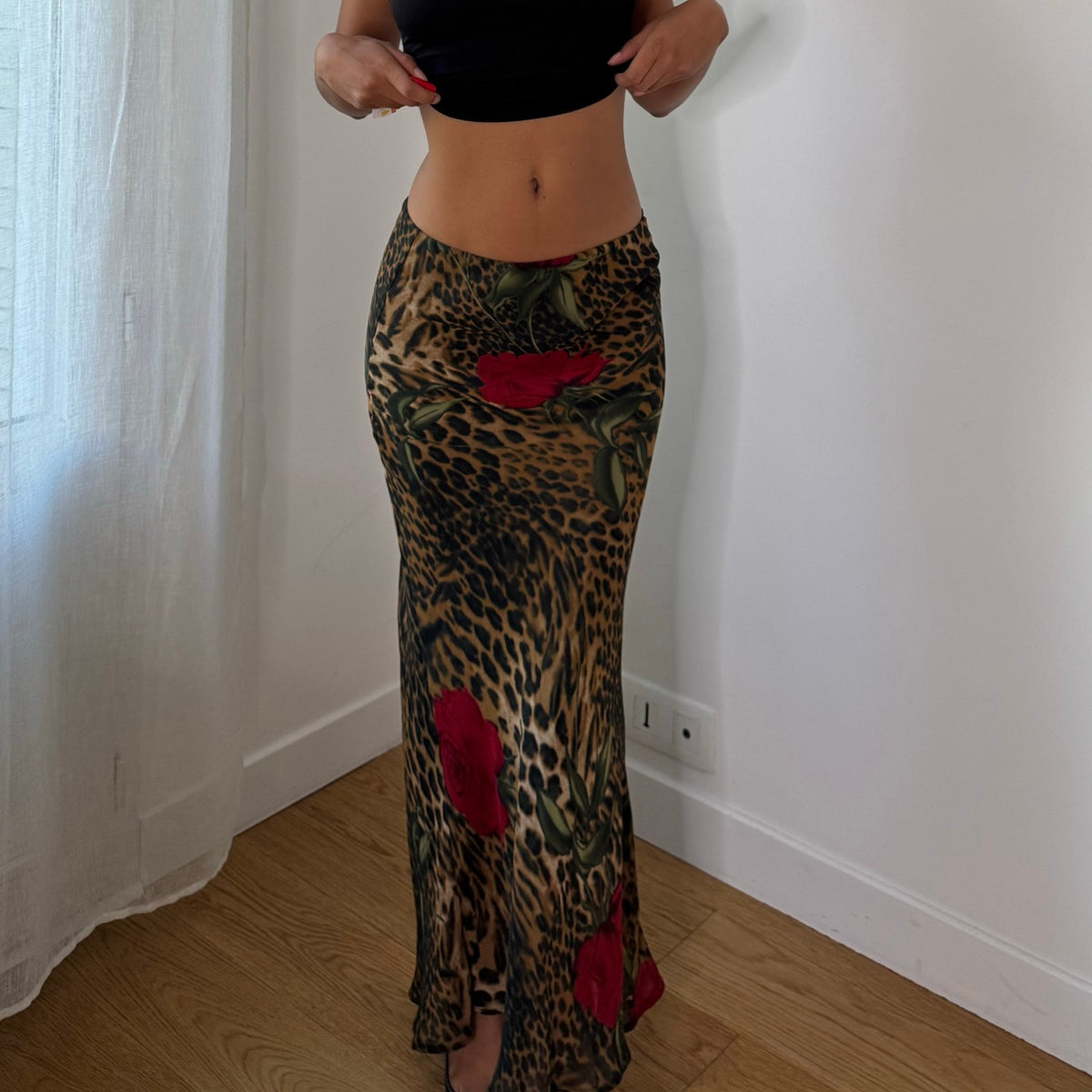 Italian Vintage Leopard Floral Mesh Maxi Skirt