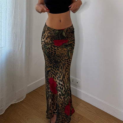 Italian Vintage Leopard Floral Mesh Maxi Skirt