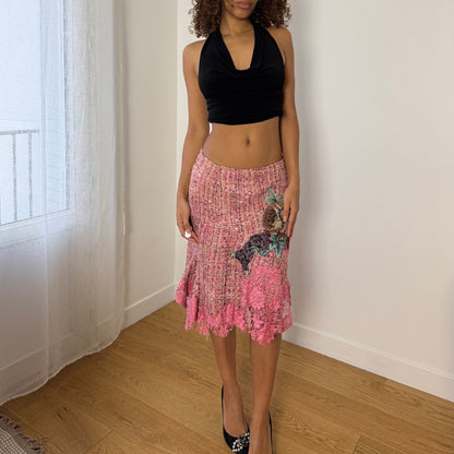 Vintage Italian pink textured tweed midi skirt with floral applique lace hem (S)