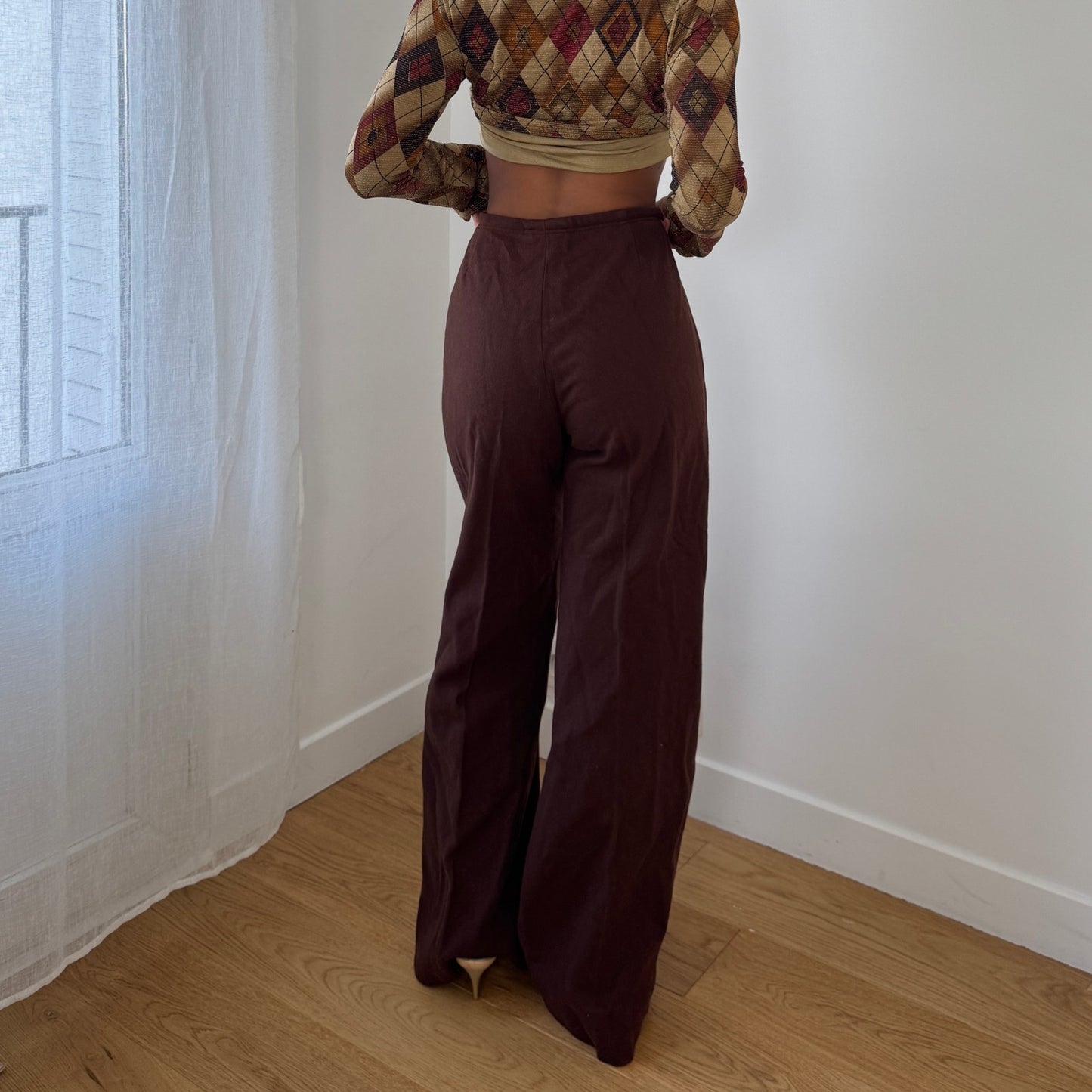 Vintage Italian chocolate brown wide-leg trousers with embroidered front details (S/M)