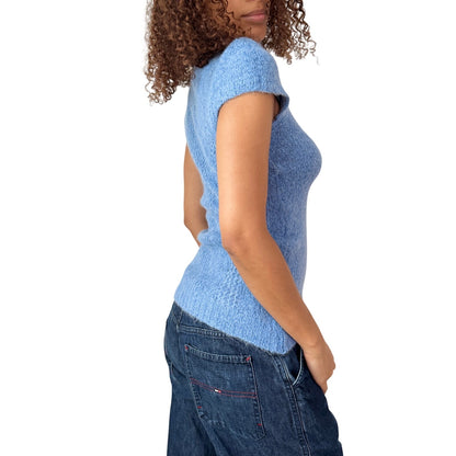 Vintage Italian Blue Mohair Wool Blend Cap Sleeves Turtleneck Knit Top (S/M)