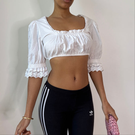 Vintage White Cotton Milkmaid Crop Top Puff Sleeve Cottagecore Blouse (M) ⠀