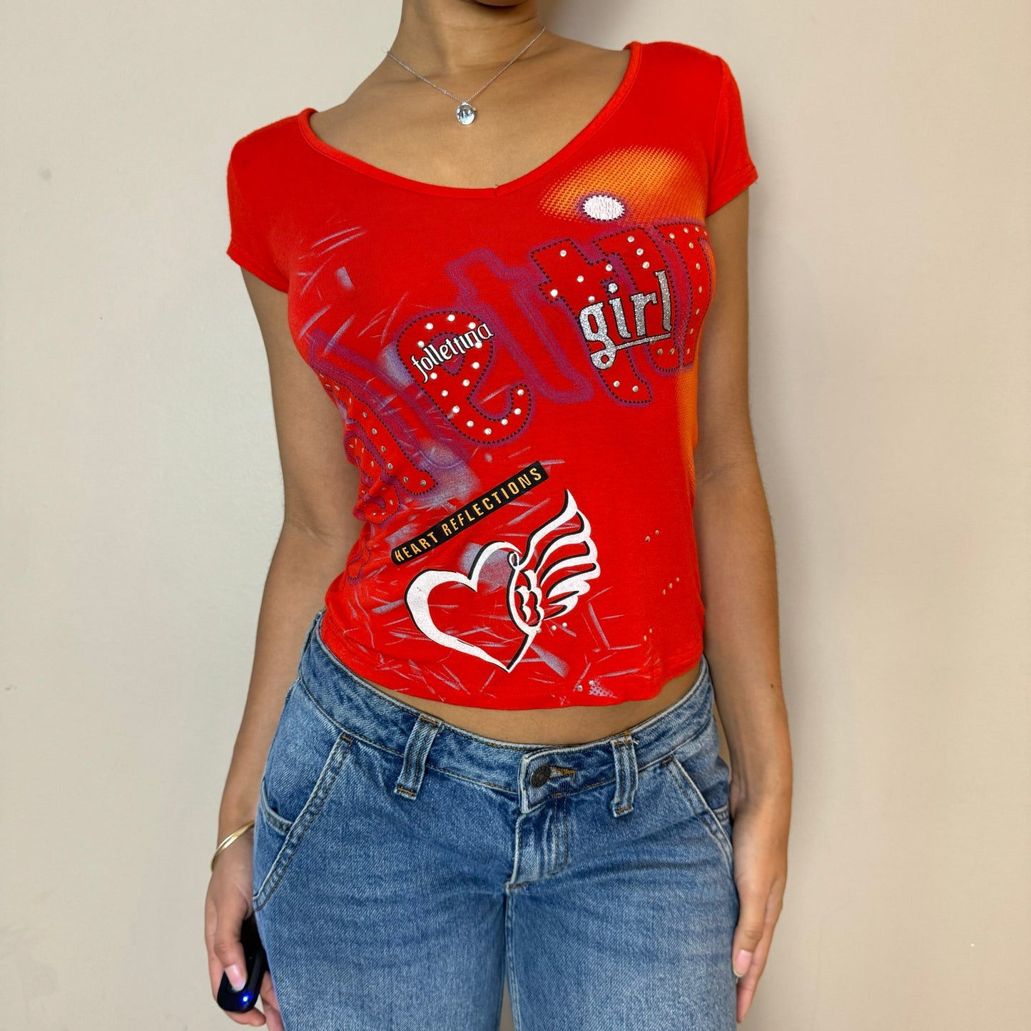 Italian Vintage 00s red graphic baby tee with lace up back (S) euro fitted