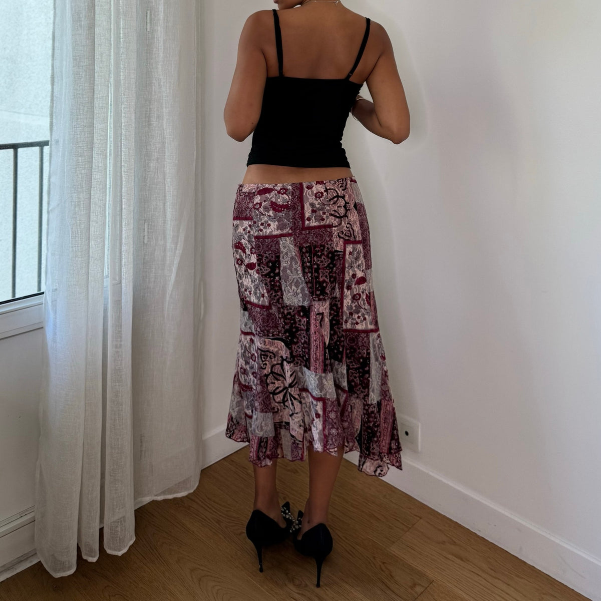 Vintage Pink Burgundy Patchwork Mesh Midi Skirt (S)