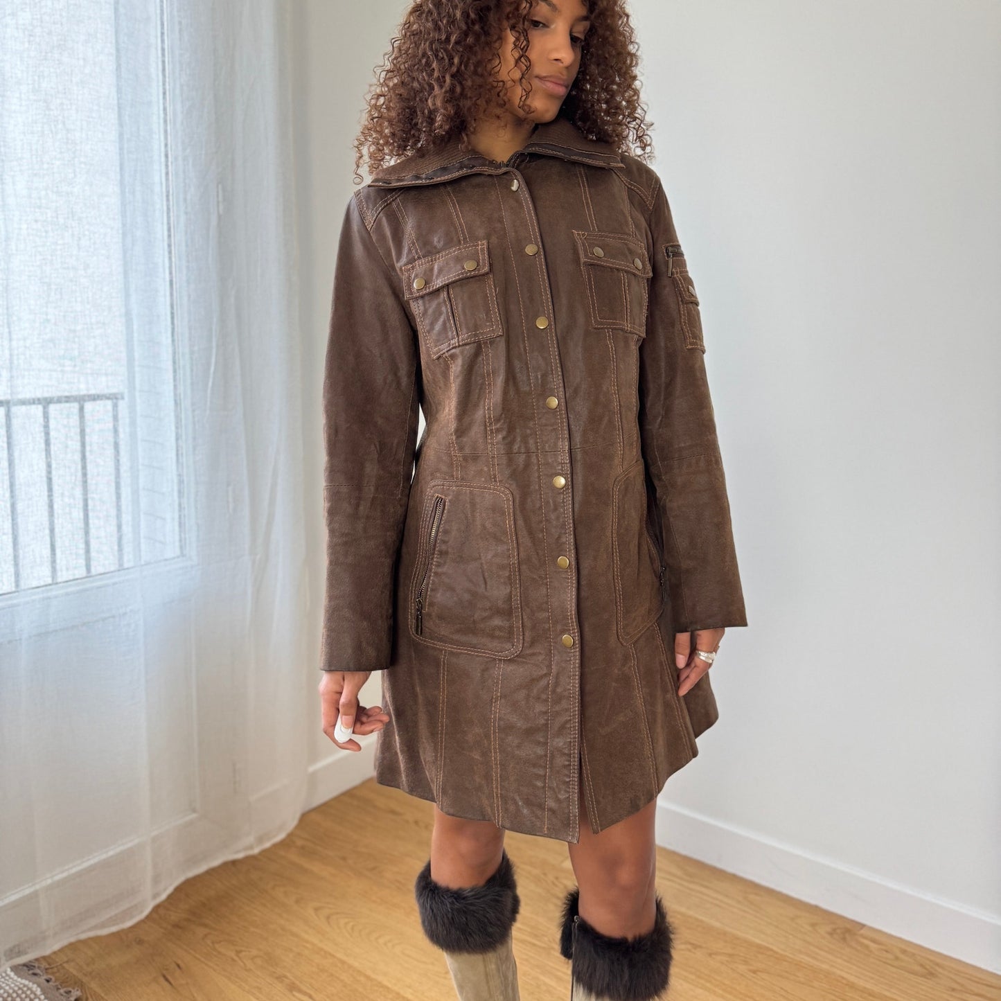 Vintage Brown Genuine Leather Coat Button Front Tailored 90s (S)