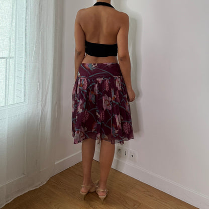 Vintage Burgundy Floral Silk Mesh Mini Skirt Sisley Italian Y2K Skirt (S) ⠀