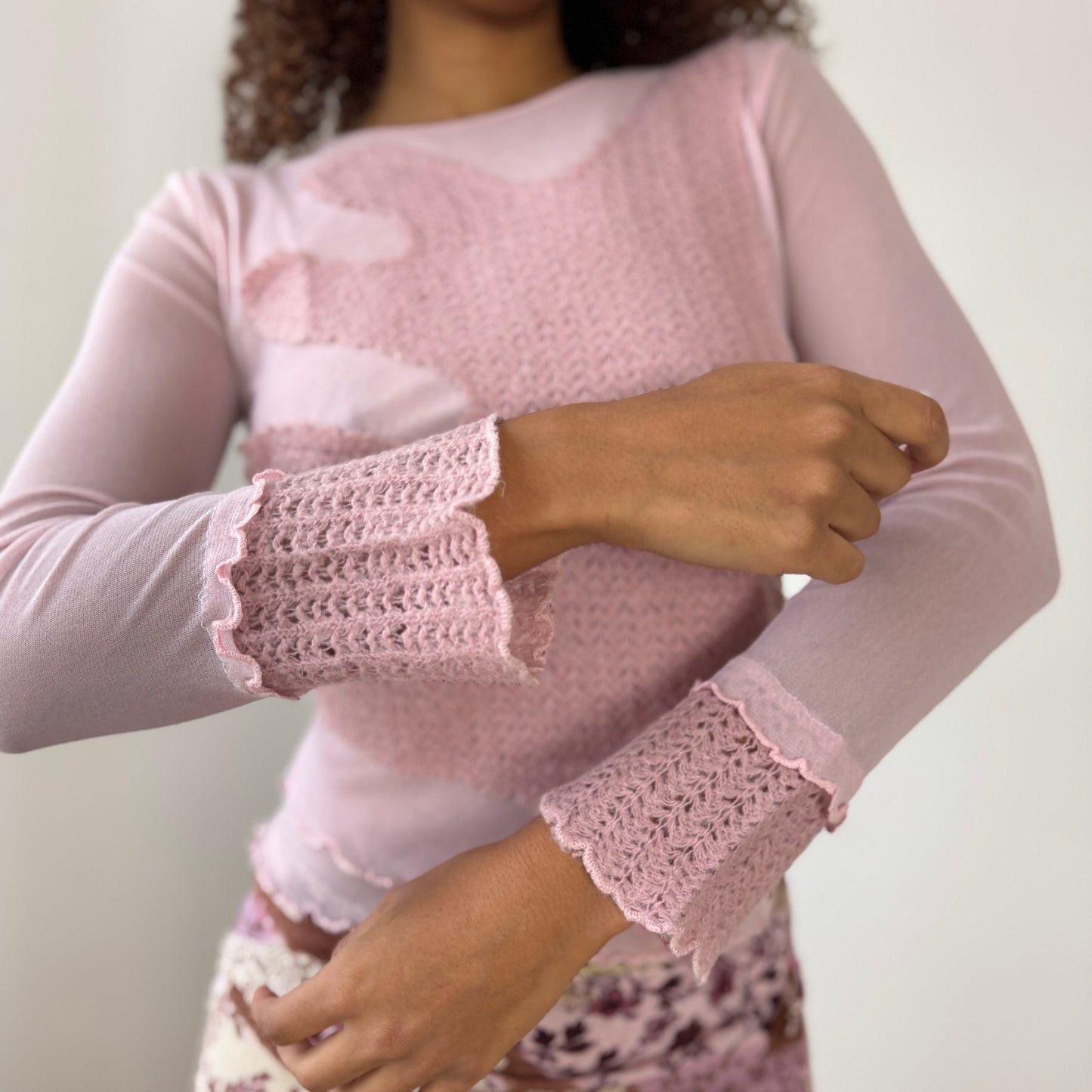 Euro Vintage Italian Pink Mesh & Knit Patchwork Top (Small)