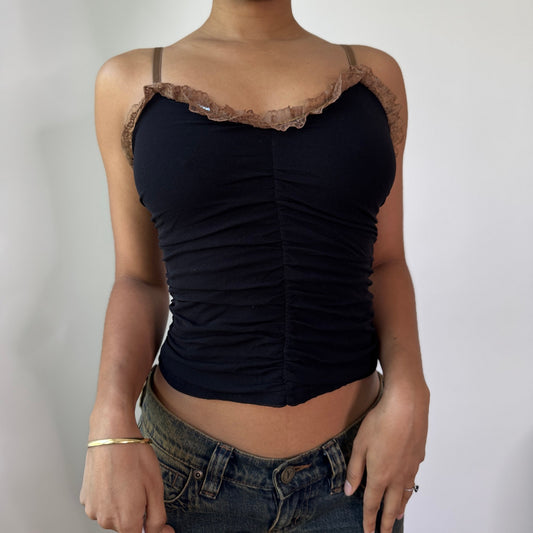 Vintage Black Mesh Cami Top Sequin Lace Trim Y2K Party Top (XS/S) ⠀