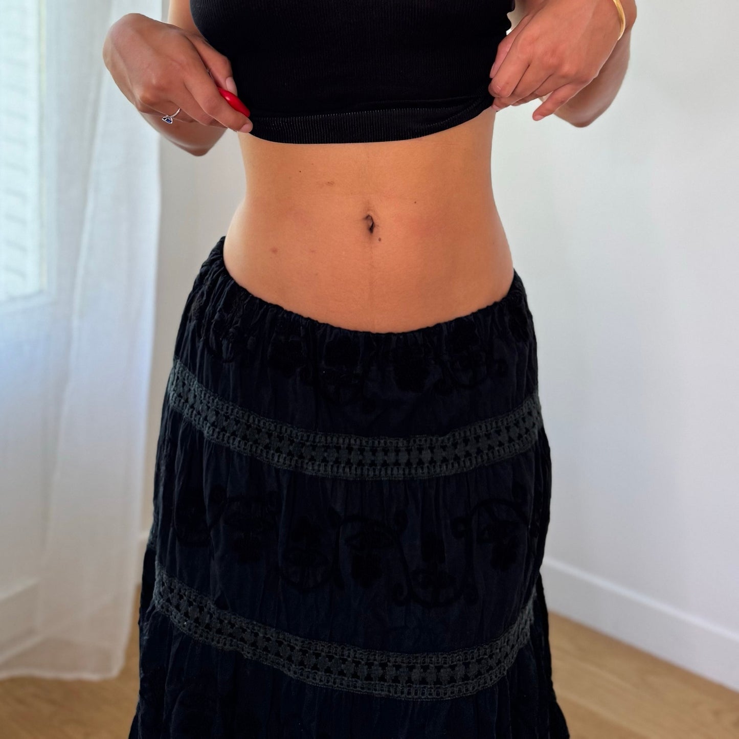 Vintage Black Cotton Maxi Skirt Tonal Embroidery Tiered Boho Y2K (XS/S)