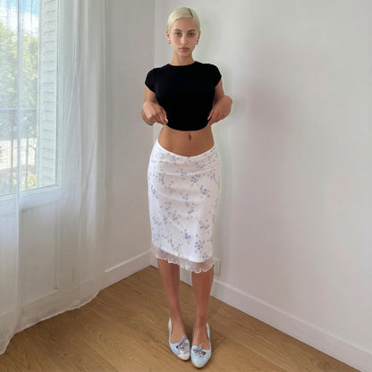 Vintage Pimkie White & Blue Floral Mesh Midi Skirt Y2K (S)