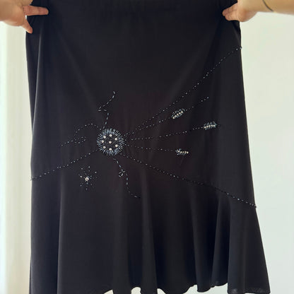Vintage Black Embellished Slinky Midi Skirt Rhinestone Beaded Y2K (S)