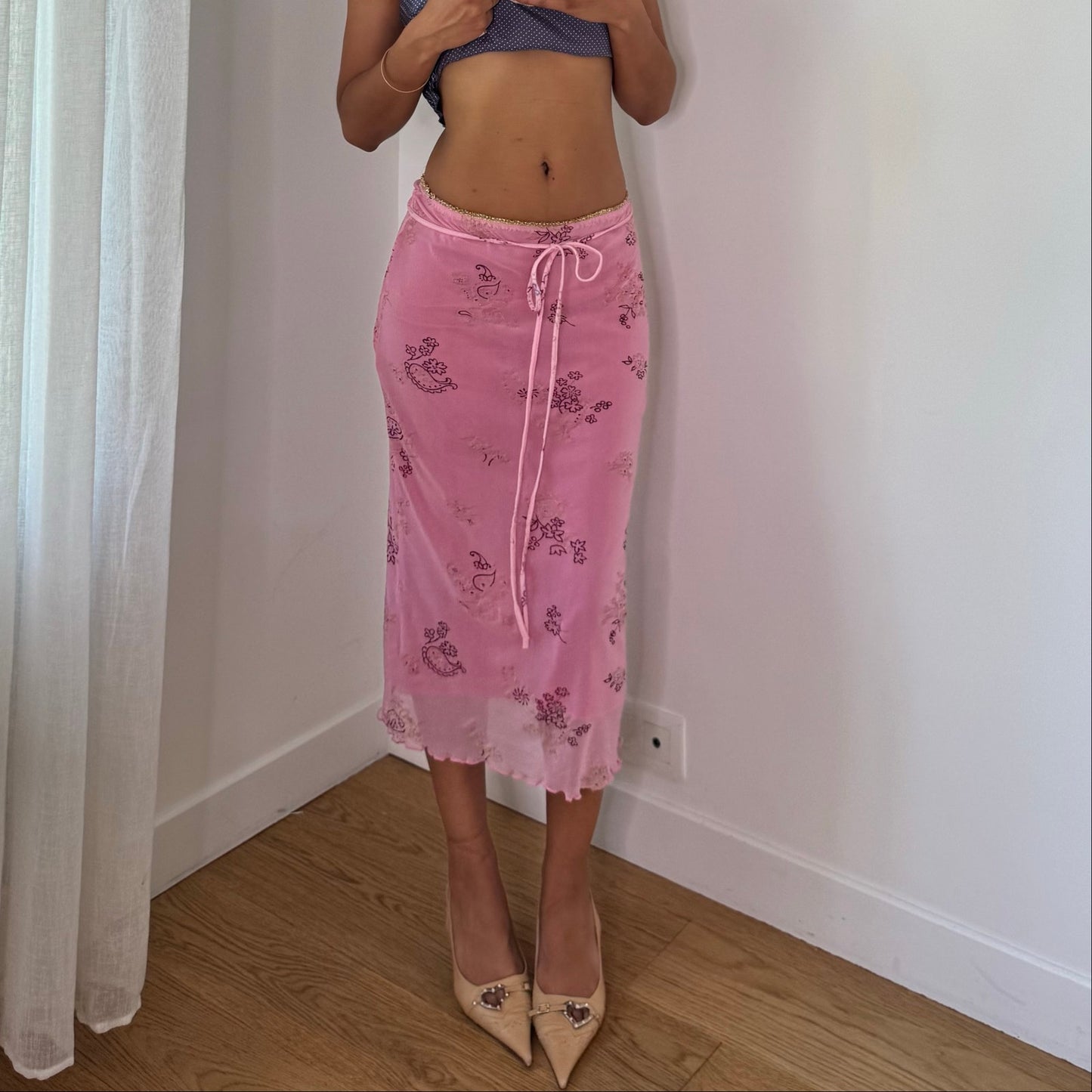 Vintage Pink Floral Mesh Maxi Skirt Double Layer Drawstring Italian Y2K (S)
