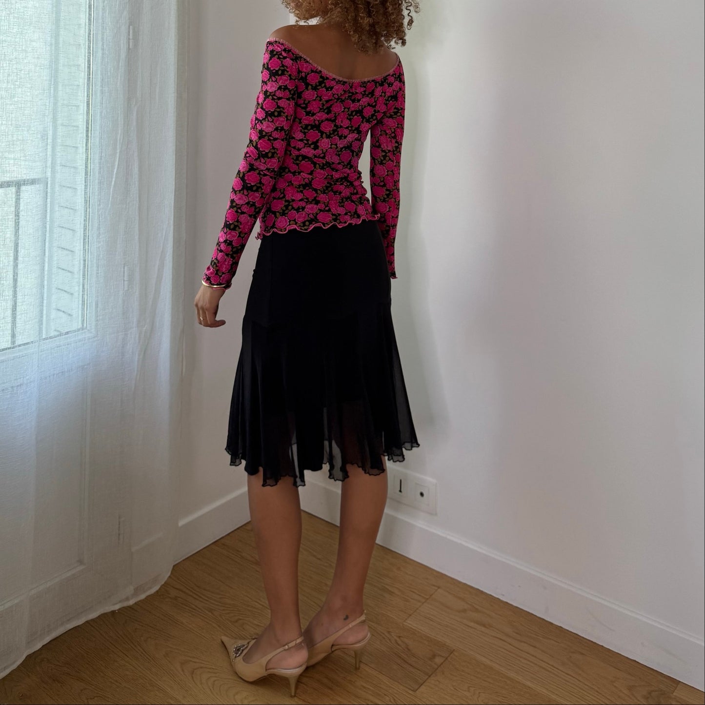 Vintage Black Pink Rose Mesh Long Sleeve Top Y2K (S/M)