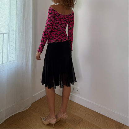 Vintage Black Pink Rose Mesh Long Sleeve Top Y2K (S/M)