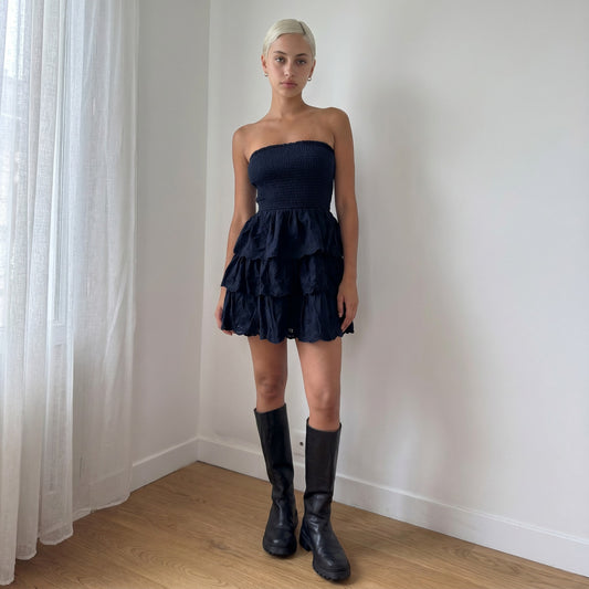Vintage Hollister Navy Strapless Mini Dress Ruffle Eyelet Y2K (S)