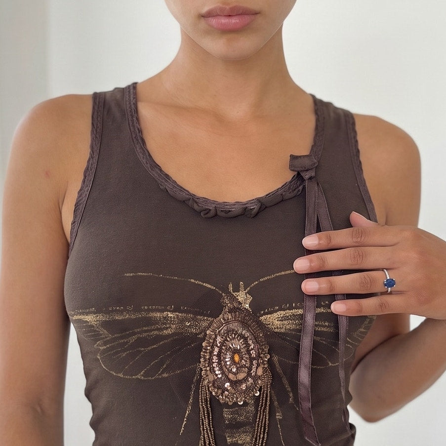 Vintage Brown Embellished Dragonfly Tank Top Lace Back Y2K (S)