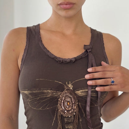 Vintage Brown Embellished Dragonfly Tank Top Lace Back Y2K (S)