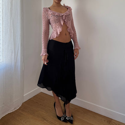 Vintage Black Mesh Midi Skirt Lace Up Waistband Y2K French (S)