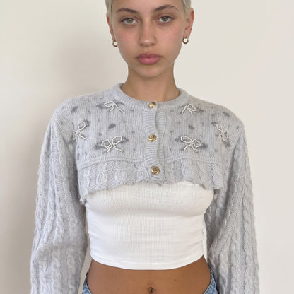 Vintage Italian 90s Grey Wool Beaded Bow Cropped Cardigan (S)