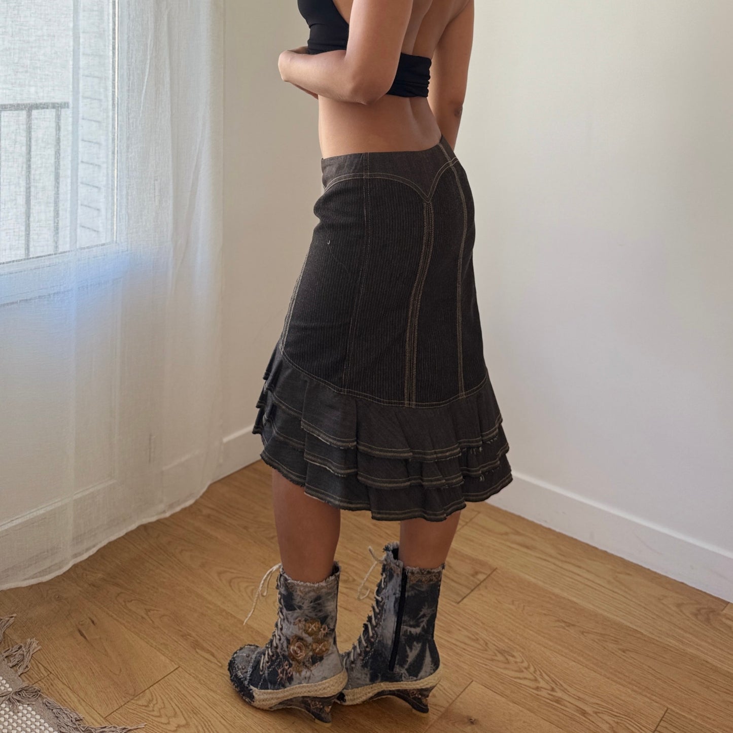 Vintage Denim Embroidered Lace-Up Wedge Boots Frayed Detail (EU 38 / US 8)