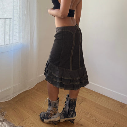 Vintage Denim Embroidered Lace-Up Wedge Boots Frayed Detail (EU 38 / US 8)