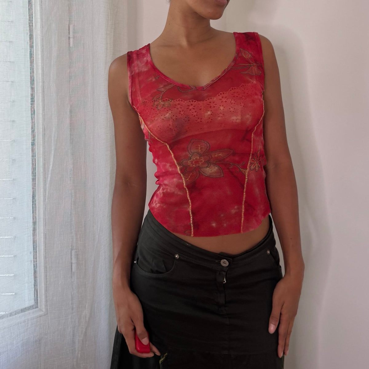 Italian vintage red floral print semi-sheer mesh tank top with rhinestone details