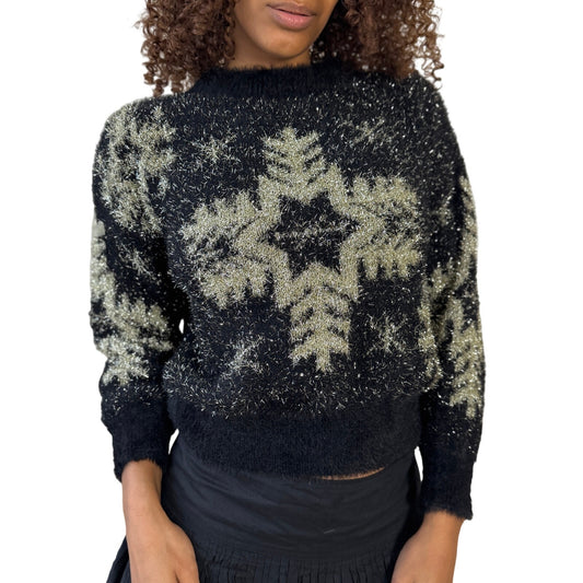Vintage Italian Y2K Black Metallic Knit Long Sleeve Sweater (Small)