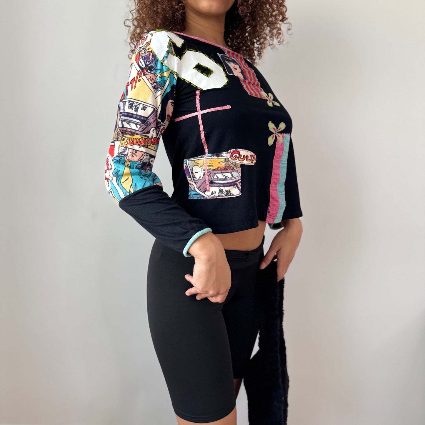 Vintage Derhy Patchwork Graphic Top Mixed Print Artsy Y2K (S)