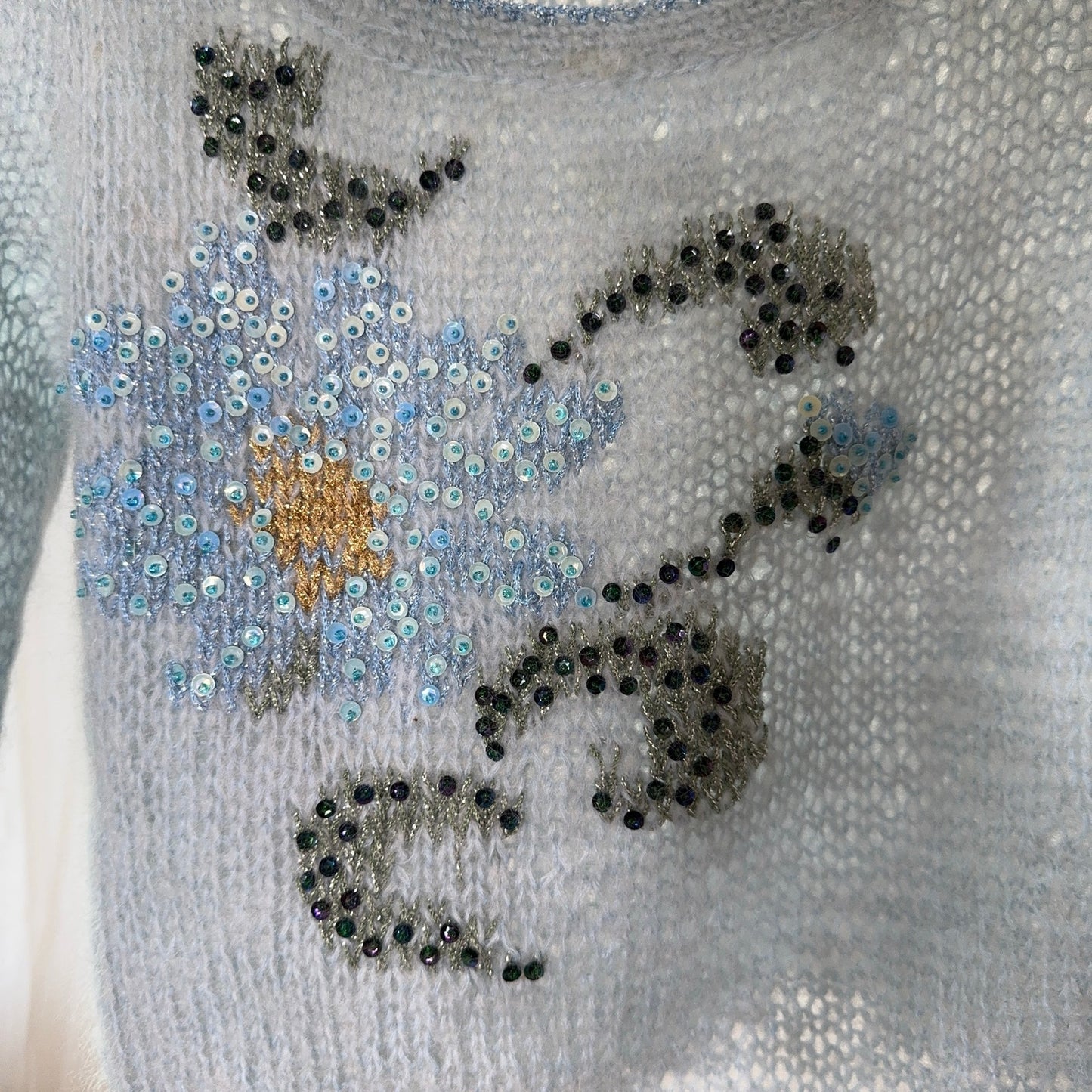 Vintage Baby Blue Mohair Blend Floral Sequin Sweater Italian Y2K Fuzzy Knit Top (S/M)