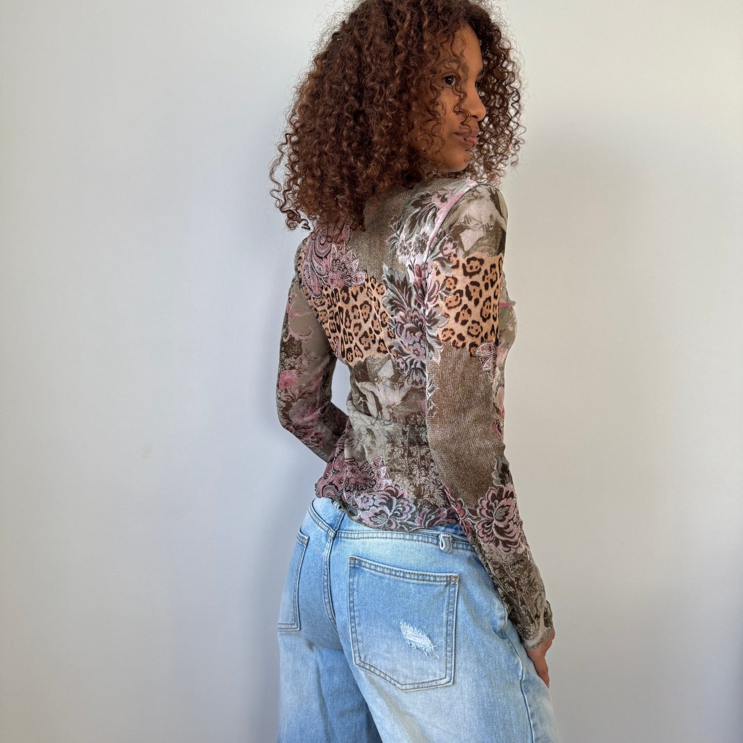 Vintage French mesh long sleeve top with floral, paisley & leopard print S