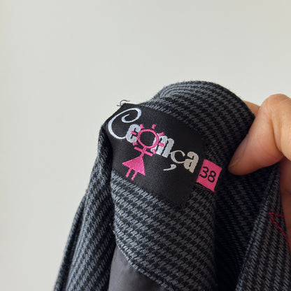 Vintage Euro structured zip-front bubble-hem skirt with contrast stitching (S/M)