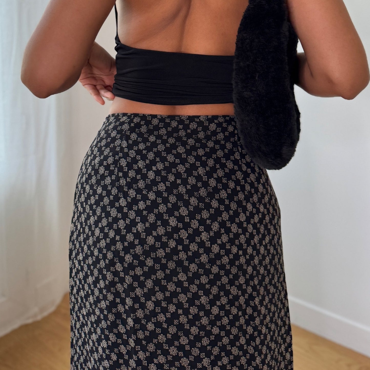Vintage Black Beige Micro Floral Mesh Maxi Skirt Italian Y2K Skirt (S) ⠀