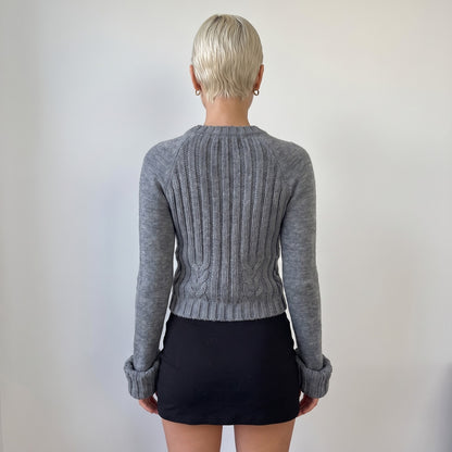 Vintage French grey cable knit cardigan with matching scarf and fringe hem (S)