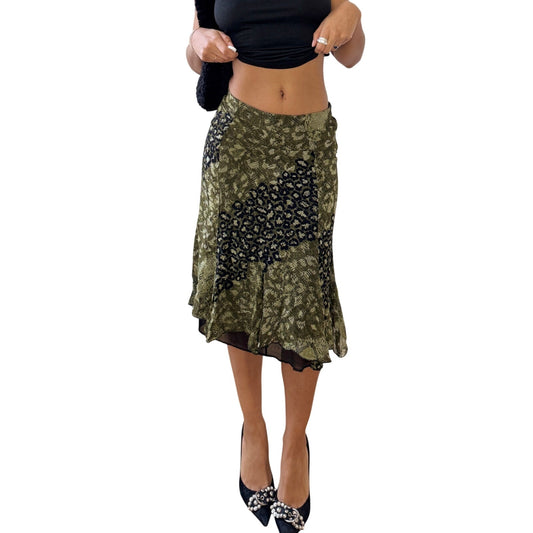 Vintage Italian Green Floral Mesh Midi Skirt Abstract/Cheetah Print (XS/S)