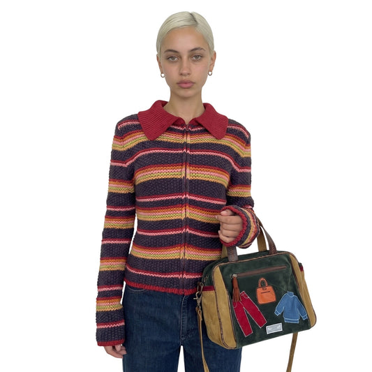 Vintage Multicolor Stripe Knit Cardigan Collared Wool Blend Italy Y2K (S/M) ⠀