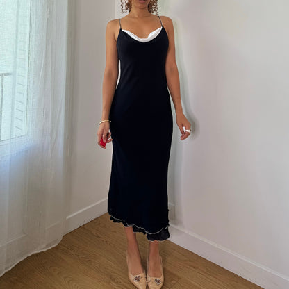 Vintage Black White Layered Mesh Cowl Neck Maxi Dress Euro Y2K (S)