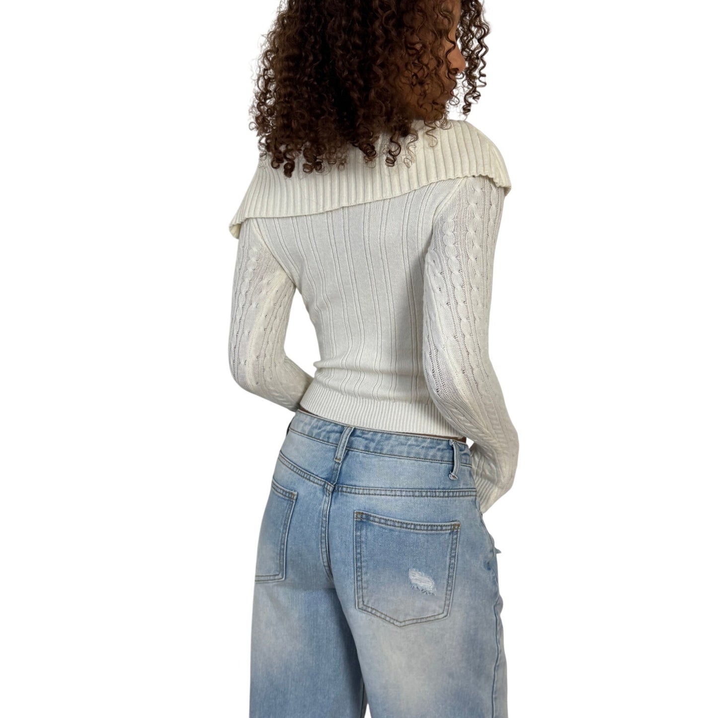 Vintage White Cable Knit Sweater Wide Foldover Collar Fitted Cropped (S)