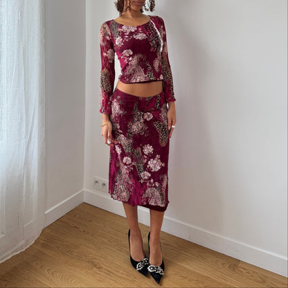 Vintage Burgundy Floral & Cheetah Lace Midi Skirt Y2K French (S)