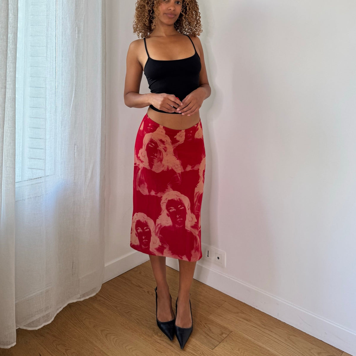 E-Play Italian Vintage Red Beige Portrait Face Print Midi Skirt