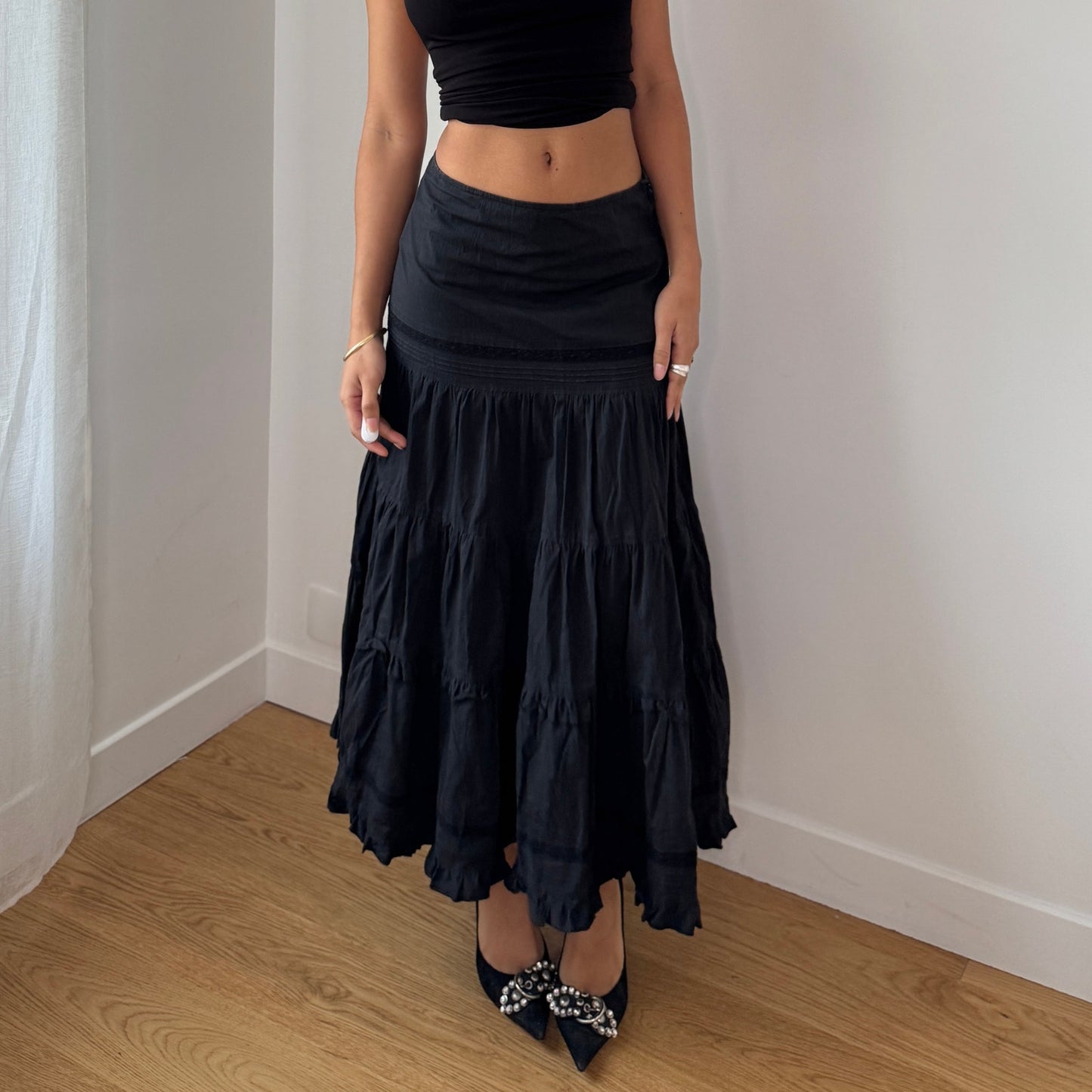 Vintage Black Tiered Midi Skirt Y2K French Cotton Blend (S)
