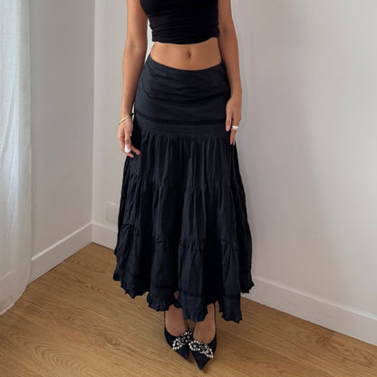 Vintage Black Tiered Midi Skirt Y2K French Cotton Blend (S)