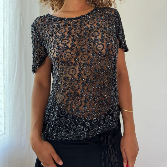 Vintage Black Beaded Mesh Top Sheer Floral Sequin Y2K (S/M)