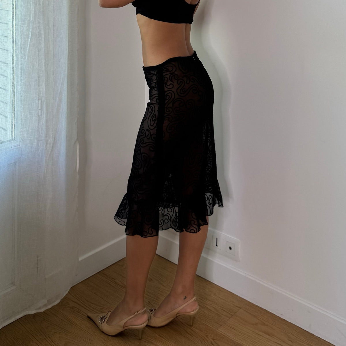 Vintage Black Sheer Velvet Swirl Mesh Midi Skirt (S)