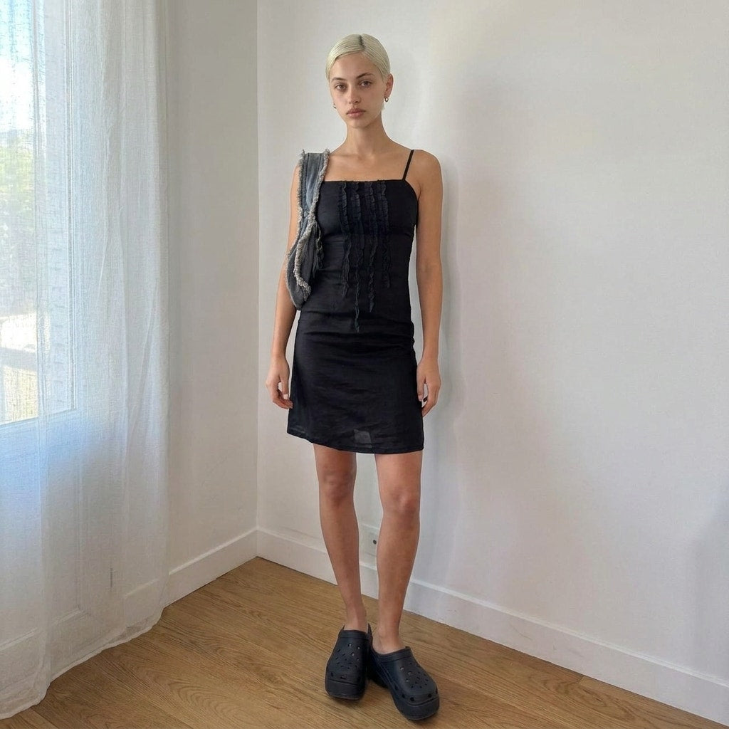 Vintage Italian Black Ruffle Mini Dress Spaghetti Strap Y2K Party Dress (XS)