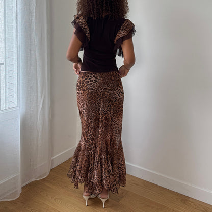 Vintage Leopard Mesh Two-Piece Set – Ruffle Skirt & Flutter-Sleeve Top (S/M)